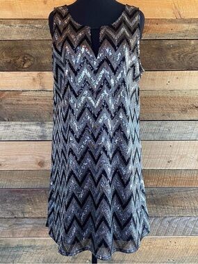 Miss Me Black, Gold and Silver Sequin Midi Dress Size L NWT